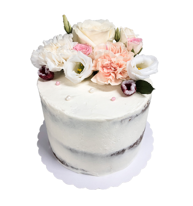 naked cake florale en blanc avec des fleurs sur le dessus